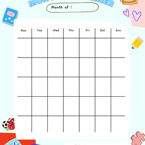 May include: A printable monthly planner with a light blue background and colorful illustrations. The planner has a section for each day of the week, with space for notes at the bottom.