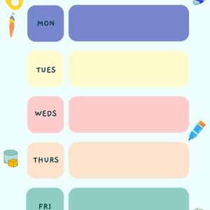 May include: A weekly planner with a light blue background. The planner has five sections for each day of the week: Monday, Tuesday, Wednesday, Thursday, and Friday. Each section has a space for writing tasks or appointments. The planner is decorated with colorful art supplies, including paintbrushes, paint, and a pencil.