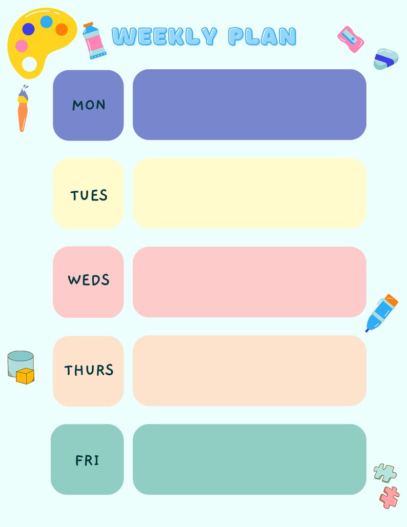 May include: A weekly planner with a light blue background. The planner has five sections for each day of the week: Monday, Tuesday, Wednesday, Thursday, and Friday. Each section has a space for writing tasks or appointments. The planner is decorated with colorful art supplies, including paintbrushes, paint, and a pencil.