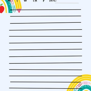 May include: A blue and white journal with the word "JOURNAL" in large blue letters. The journal has a rainbow design with a pencil, paper clips, and an apple on the cover. The days of the week are listed at the top, with a space for the date.