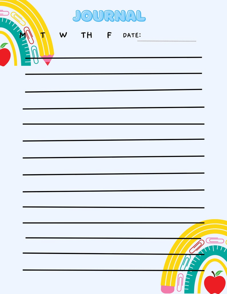 May include: A blue and white journal with the word "JOURNAL" in large blue letters. The journal has a rainbow design with a pencil, paper clips, and an apple on the cover. The days of the week are listed at the top, with a space for the date.