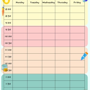May include: A colorful weekly schedule template with a paint palette and art supplies at the top and a marker and puzzle pieces at the bottom. The schedule is divided into 30-minute time slots from 8:00 AM to 2:30 PM, with columns for Monday, Tuesday, Wednesday, Thursday, and Friday.