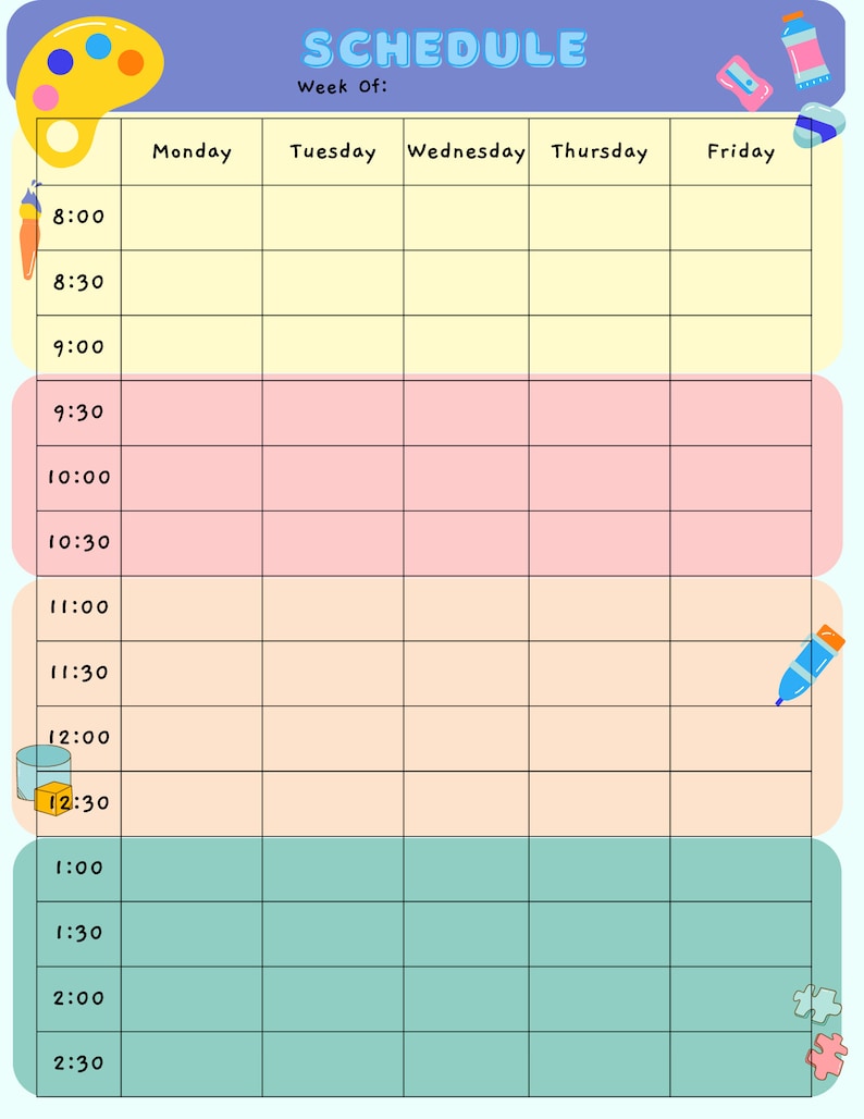May include: A colorful weekly schedule template with a paint palette and art supplies at the top and a marker and puzzle pieces at the bottom. The schedule is divided into 30-minute time slots from 8:00 AM to 2:30 PM, with columns for Monday, Tuesday, Wednesday, Thursday, and Friday.
