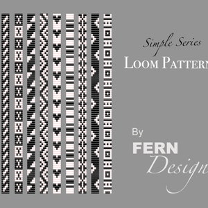 Könnte beinhalten: Ein Set mit 12 schwarzen und weißen Webmuster für die Strickmaschine, betitelt "Simple Series LOOM PATTERNS II" von FERN Design.