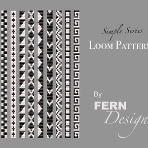May include: A set of 10 black and white loom patterns for creating bracelets or other crafts. The patterns are simple and easy to follow, and they are perfect for beginners. The patterns are labeled "Simple Series LOOM PATTERNS" and "By FERN Design".