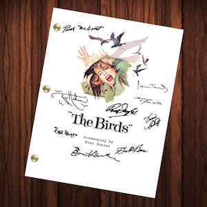 May include: A white script page from the movie "The Birds" with signatures from the cast and crew. The signatures include: Tippi Hedren, Rod Taylor, Suzanne Pleshette, and  Evan Hunter. The script page features a black and white illustration of a woman screaming with birds flying around her.