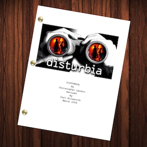 May include: A movie script cover for the film "Disturbia" by Christopher Landon, revised by Carl Ellsworth in March 2006. The cover features a pair of binoculars with a red and orange glow in the lenses.
