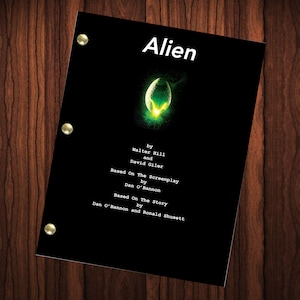 May include: A black and white script page for the movie "Alien" with the title in white text. The script page lists the writers of the screenplay and story. The page features a green alien egg with a glowing yellow interior.