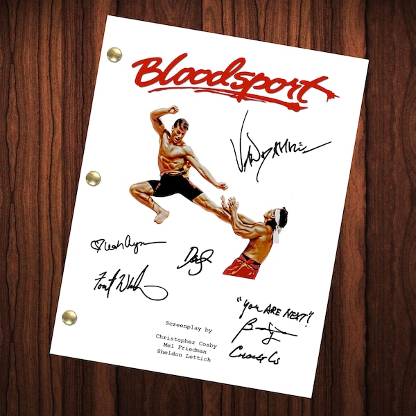 Bloodsport Película Autografiada Guión firmado Reimpresión Jean Claude Van Damme Pierre Rafini Donald Gibb Bolo Yeung Frank Dux