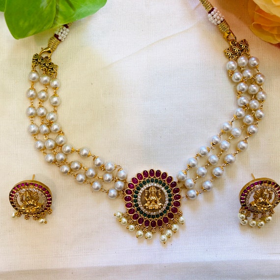 Gold Pearl Choker Temple Jewelry Choker Indian Gold Necklace Set