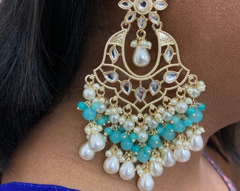 Blue Pearl earrings - Meenakari earrings - Kundan Earrings - bollywood earrings - Indian Jewelry - Chandelier Earrings