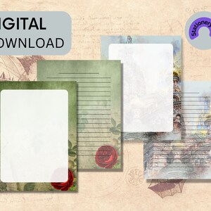 Conjunto de papelaria para impressão de história antiga, tamanho carta dos EUA, PDF, papel de papelaria para download instantâneo, páginas de notas musicais para impressão, flores