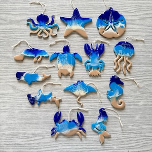 Sea Animals Resin Ornaments Set, Unique Christmas Tree Decor, Nautical Theme Art, Beach Waves, Cute Ocean Themed Ornaments, One of a kind