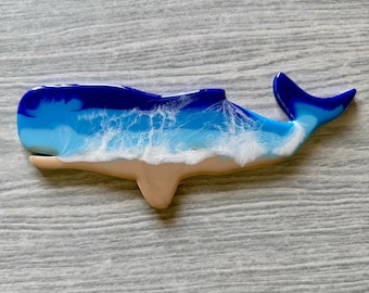Arte mural de ballena oceánica, decoración de resina epoxi para el hogar, pintura de paisaje marino, obra de arte náutico oceánico, ola blanca y océano azul, regalo único con temática de playa