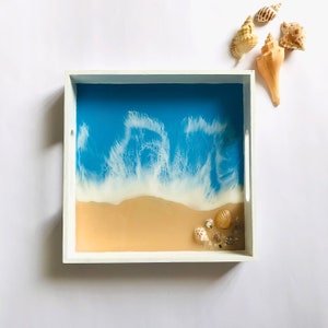 Ocean Resin Trinket Tray, White Beach Theme, Square Wooden Tableware, Coastal Home Decor, Blue Landscape Painting, Original Stone Seashell image 1