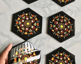 アート695　「火星探査6(ラベンダー)」　インテリアコーディネート Hexagon Tray Coasters Set of 6, Hand Painted Dot Mandala Art
