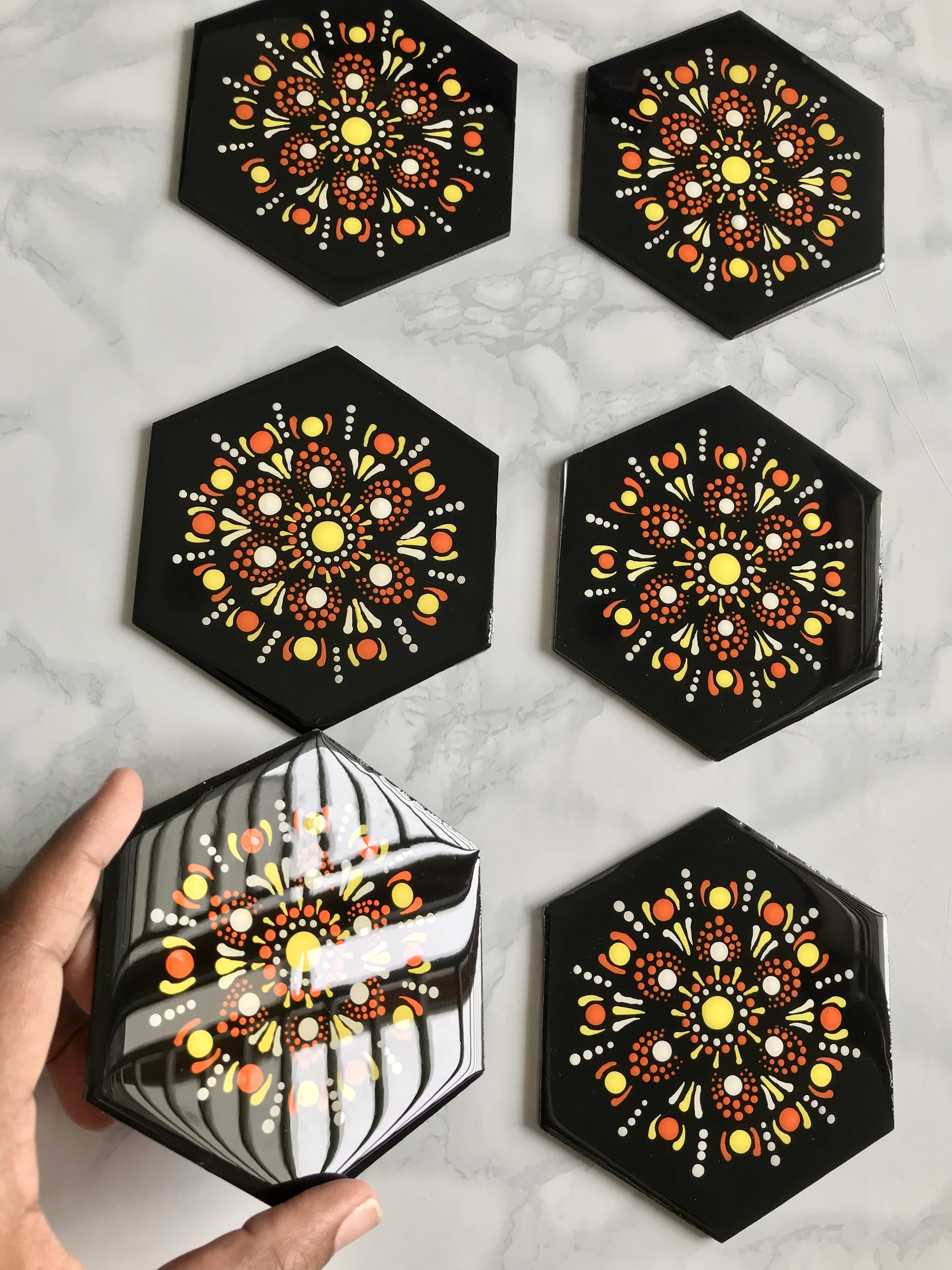 Hexagon Tray Coasters Set of 6, Hand Painted Dot Mandala Art