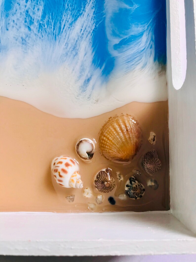 Ocean Resin Trinket Tray, White Beach Theme, Square Wooden Tableware, Coastal Home Decor, Blue Landscape Painting, Original Stone Seashell image 9