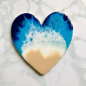 Art de plage en résine coeur, peinture acrylique océan, décoration d'intérieur unique, tentures murales côtières, décoration en bois, art abstrait fluide époxy