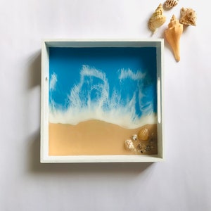 Ocean Resin Trinket Tray, White Beach Theme, Square Wooden Tableware, Coastal Home Decor, Blue Landscape Painting, Original Stone Seashell image 3