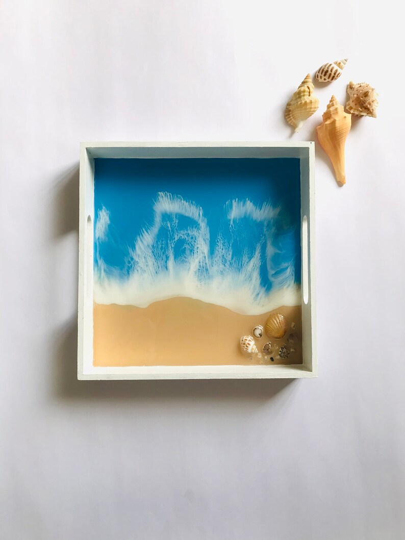 Ocean Resin Trinket Tray, White Beach Theme, Square Wooden Tableware, Coastal Home Decor, Blue Landscape Painting, Original Stone Seashell image 3