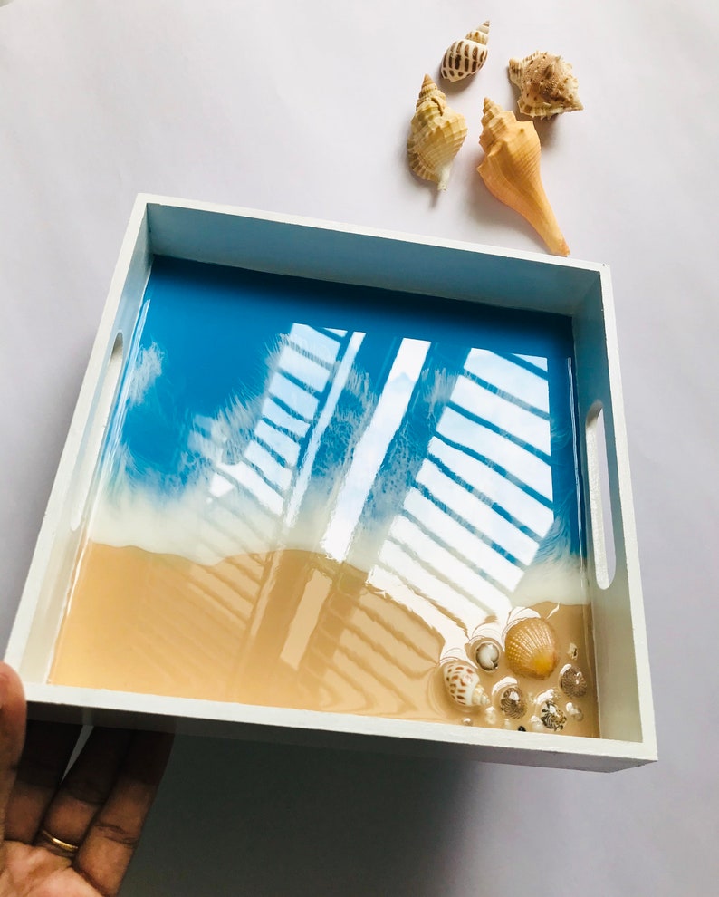 Ocean Resin Trinket Tray, White Beach Theme, Square Wooden Tableware, Coastal Home Decor, Blue Landscape Painting, Original Stone Seashell image 6