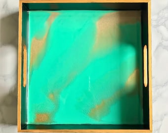 Square Resin Serving Tray, Handmade Home Decor, Teal Green and Gold, Unique Jewelry Tray, Wooden Tableware, Housewarming Gifts, Fluid Art