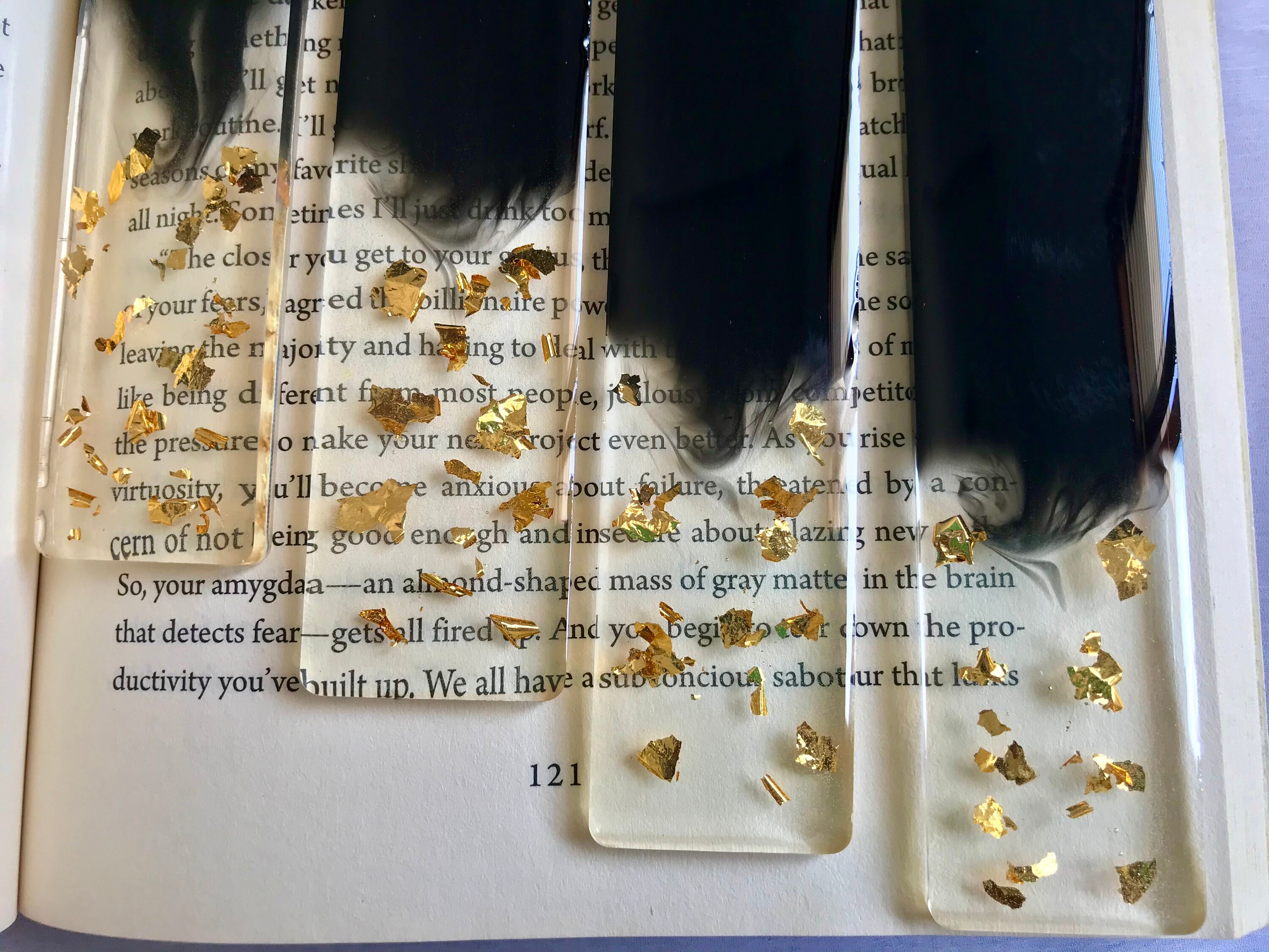 Handmade Resin Bookmarks, Set of 4, Black and Gold Flakes