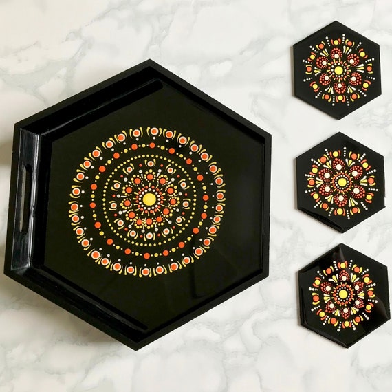 Hexagon Tray Coasters Set of 6, Hand Painted Dot Mandala Art