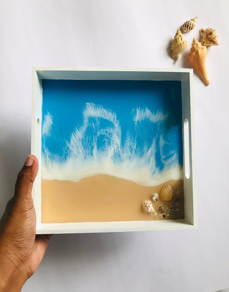 Ocean Resin Trinket Tray, White Beach Theme, Square Wooden Tableware, Coastal Home Decor, Blue Landscape Painting, Original Stone Seashell image 2