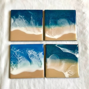 Beach theme Resin Coasters, Set of 4, Square Table Coaster, Ocean Artwork, Epoxy White Waves, Coastal Decor, Blue Beige, Housewarming Gifts