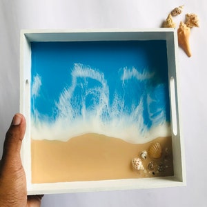 Ocean Resin Trinket Tray, White Beach Theme, Square Wooden Tableware, Coastal Home Decor, Blue Landscape Painting, Original Stone Seashell image 5