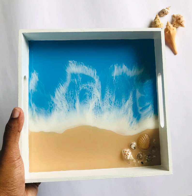 Ocean Resin Trinket Tray, White Beach Theme, Square Wooden Tableware, Coastal Home Decor, Blue Landscape Painting, Original Stone Seashell image 5