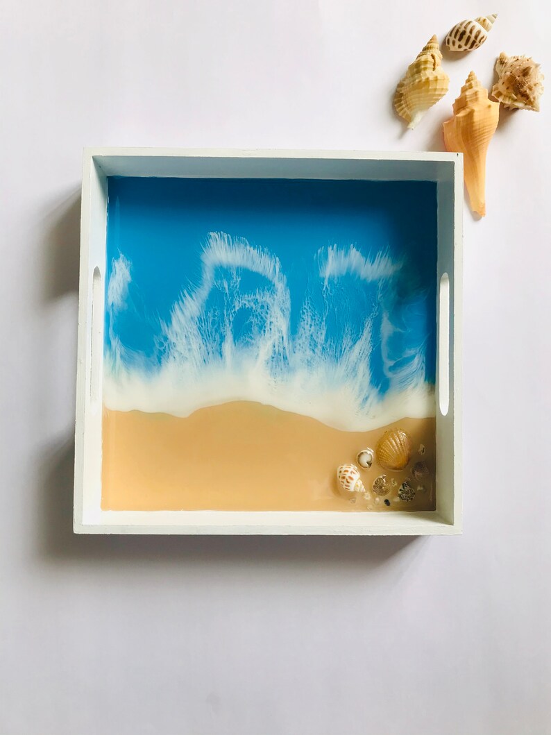 Ocean Resin Trinket Tray, White Beach Theme, Square Wooden Tableware, Coastal Home Decor, Blue Landscape Painting, Original Stone Seashell image 4