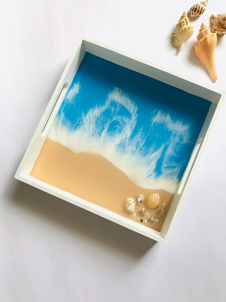 Ocean Resin Trinket Tray, White Beach Theme, Square Wooden Tableware, Coastal Home Decor, Blue Landscape Painting, Original Stone Seashell image 7