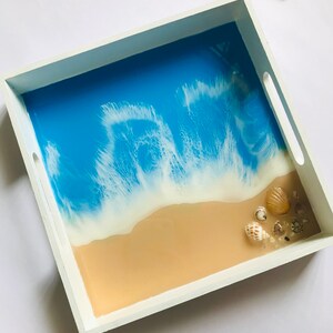 Ocean Resin Trinket Tray, White Beach Theme, Square Wooden Tableware, Coastal Home Decor, Blue Landscape Painting, Original Stone Seashell image 8