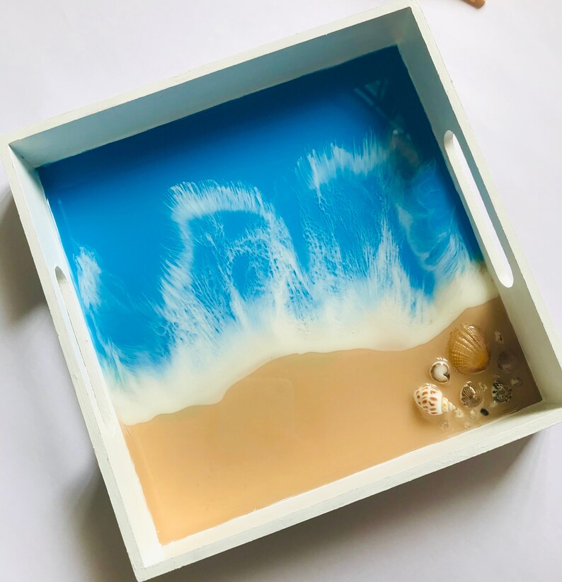 Ocean Resin Trinket Tray, White Beach Theme, Square Wooden Tableware, Coastal Home Decor, Blue Landscape Painting, Original Stone Seashell image 8