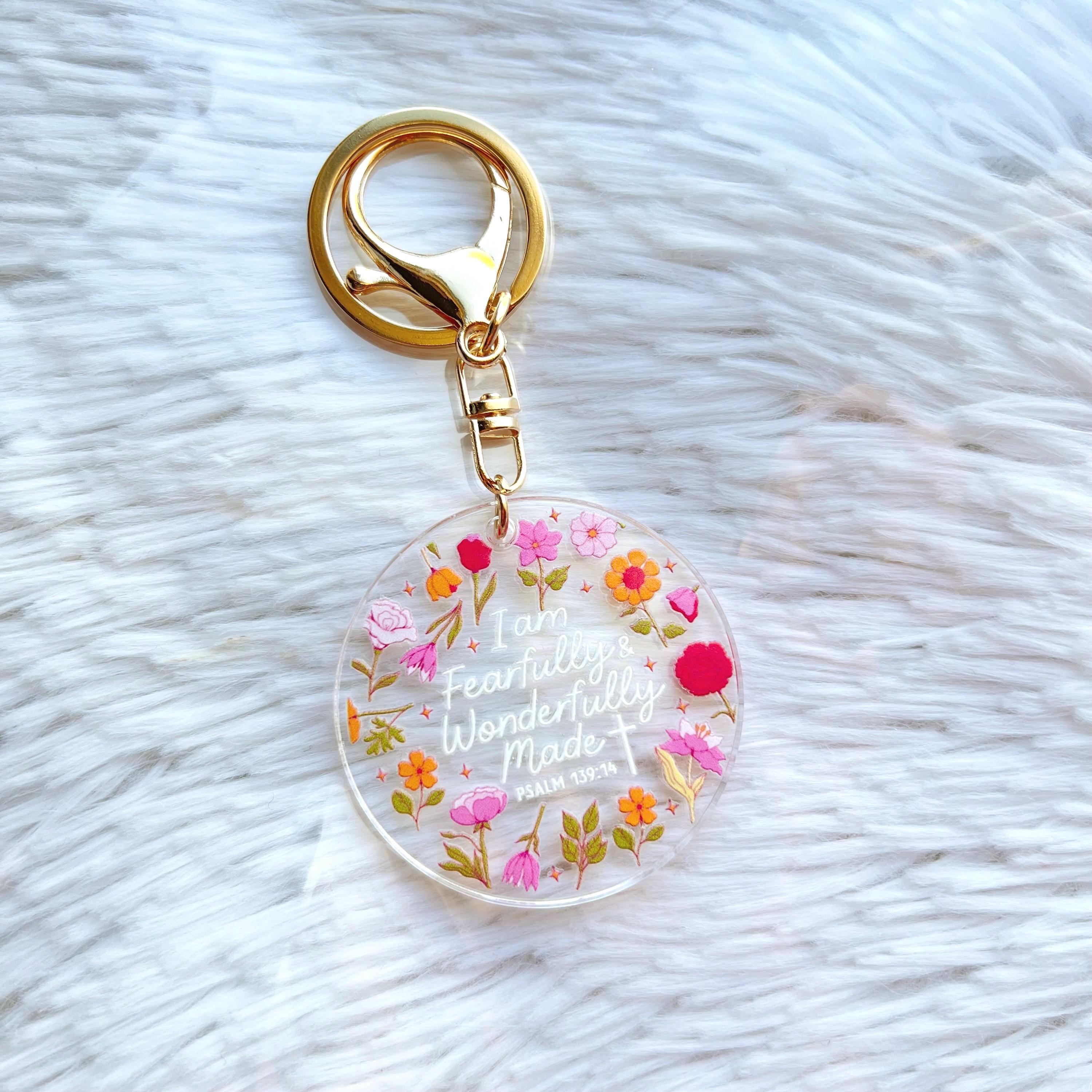 Fearfully & Wonderfully Made Keychain | Psalm 139:14 Bible Verse | Christian Floral Gold Hardware Keyring | Budget Binder Accessory