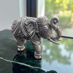 Elephant Idol for Home Decor,INTERNATIONAL GIFT Silver Small Elephant Idol with Upper Soond, Perfect for Puja, Vastu, and Rahu Remedies