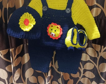 Indian hand made woolen blue and yellow jumpsuit for babies.