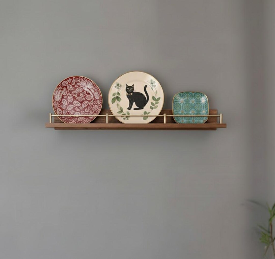 Plate Display Rack, Walnut and Brass Gallery Rail Shelves - Etsy