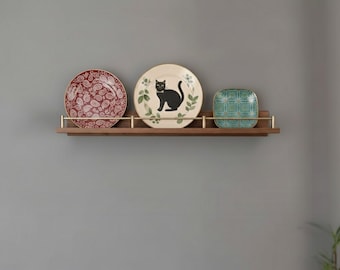 Plate Display Rack, Walnut and Brass Gallery Rail Shelves