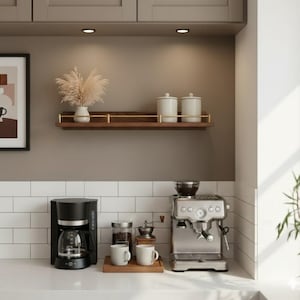 Floating Coffee Bar Shelves, Gallery Brass Rail Shelf