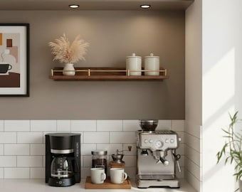 Floating Coffee Bar Shelves, Gallery Brass Rail Shelf