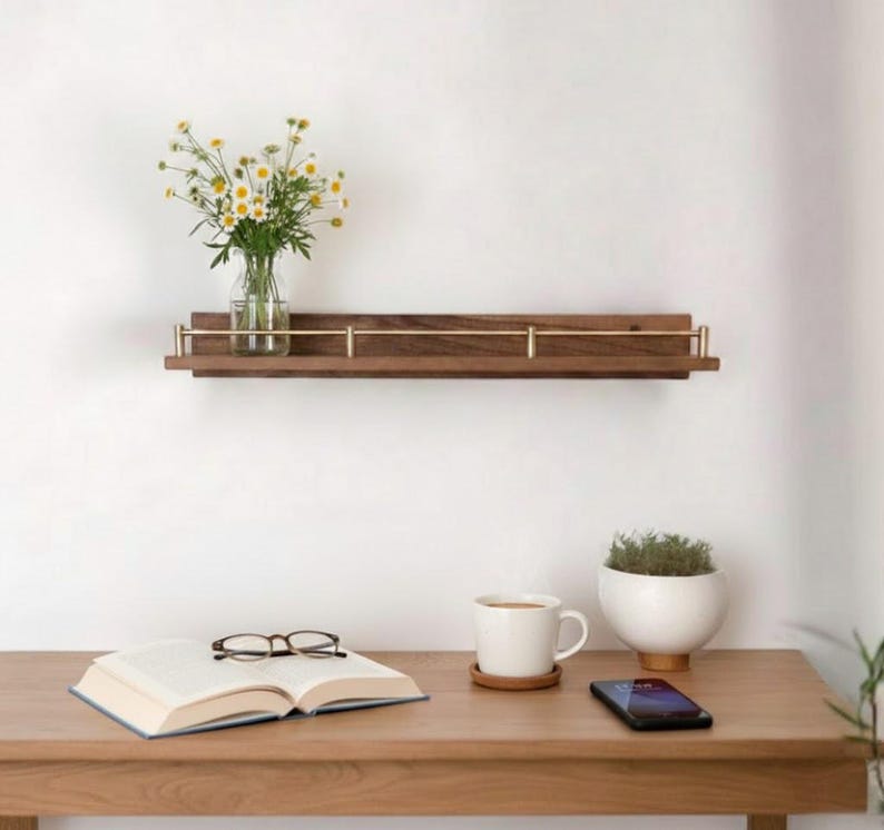 Floating Wall Shelves, Brass Gallery Rail Shelf, Custom Size Shelves Walnut Finished