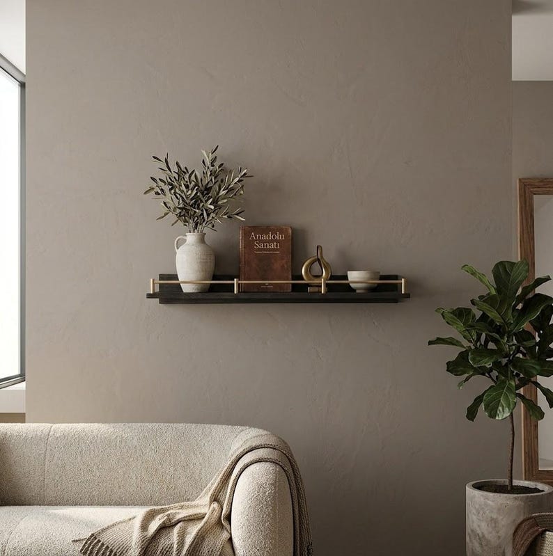 Floating Wall Shelves, Brass Gallery Rail Shelf, Custom Size Shelves Black Finished