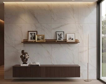 Picture Ledge Gallery Shelf, Walnut and Brass Rail Floating Shelves