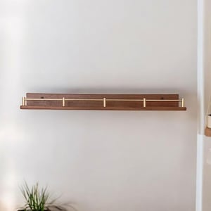 Custom Size Floating Wooden and Brass Rail Wall Shelves
