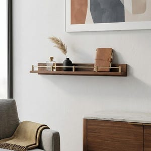 Custom Size Floating Wooden and Brass Rail Wall Shelves