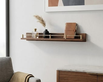 Custom Size Floating Wooden and Brass Rail Wall Shelves